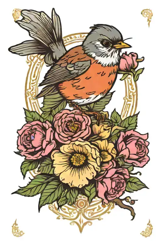 Tarot Card With A Robin And Hollyhock Flower