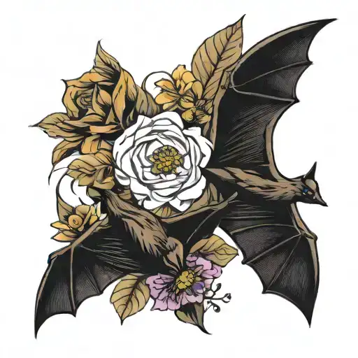 Brown Fruit Bat And Black Flying Bat With Flowers In Between For Filler