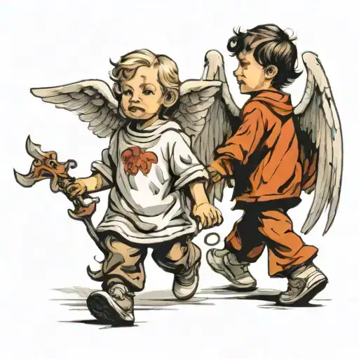 Child Walking With Angel And Devil