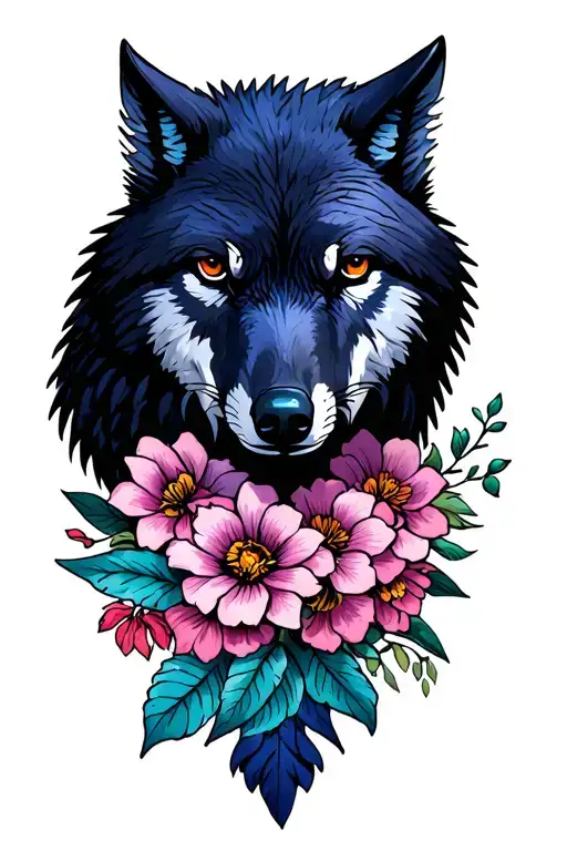 Raven And A Wolf With Flowers