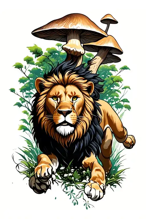 Lion Running In A Green Forest With Mushrroms