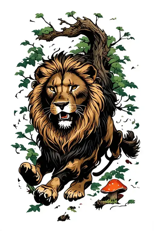 Lion Facing Left Running In A Green Forest With Mushrroms