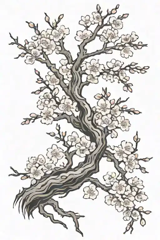 Cherry Blossom Tree Branch Dead At The Bottom And Slowly Blooming Towards The Collarbone And Neck