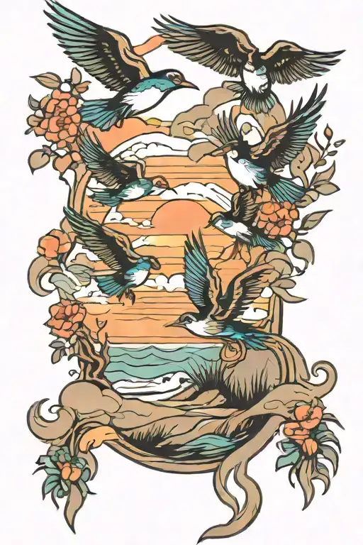 Flying Birds At Beach Landscape