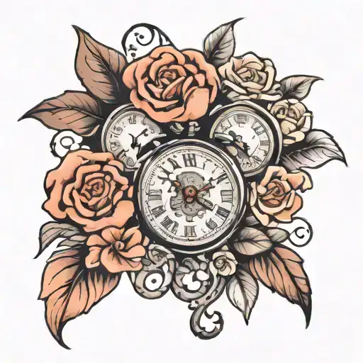 Brain Heart And Clock And Flowers Tattoo Design