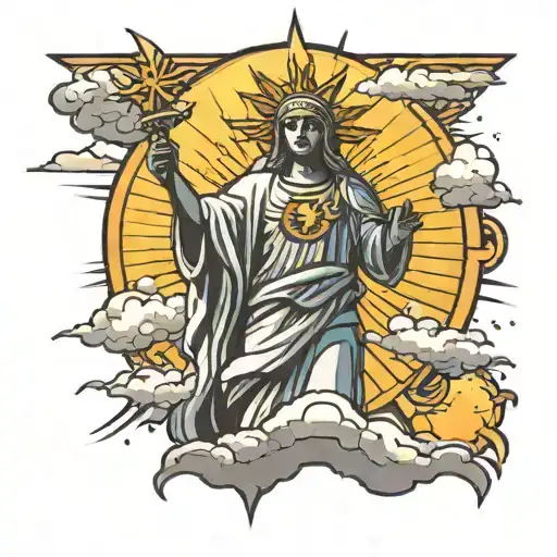 A Sun With Light Beams Shining Down On The Rio Statue And Clouds Around It With A Cross