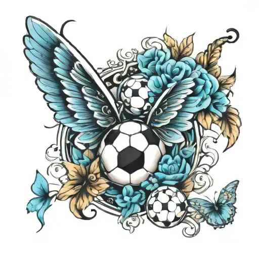 Angel Wings With Blue Flowers Butterflies And Small Soccer Ball