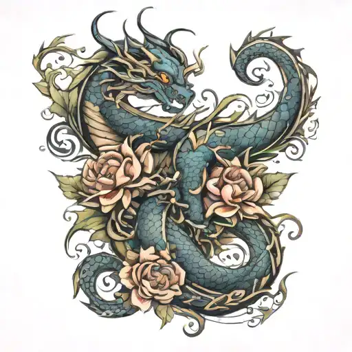 Dragon Wrapped In Flowers Intertwined