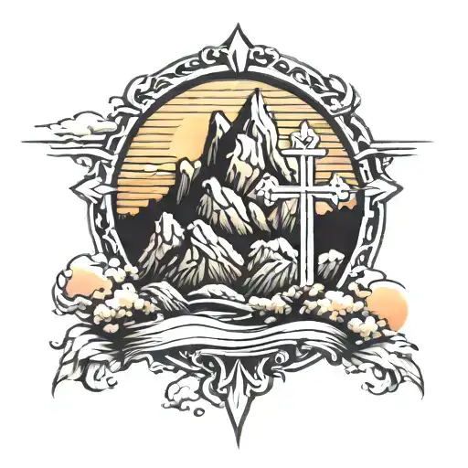 Cross And Mountain With A Sunset