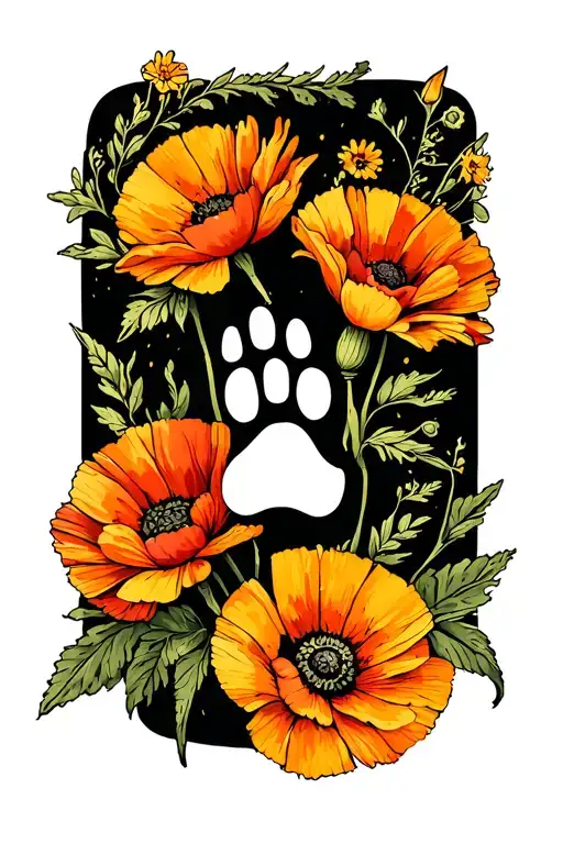 Marigold And Poppy Flower With Dog Paw Print
