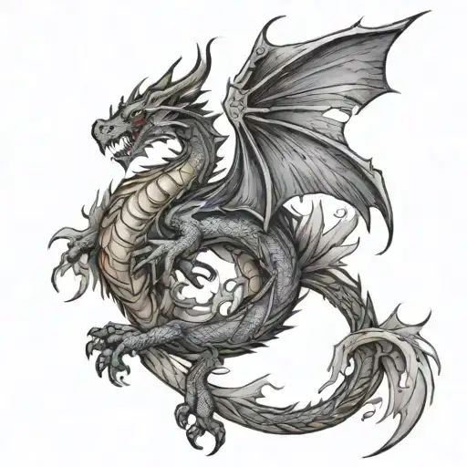 Tattoo On A Human Male's Back Of A European Dragon Perched On Top Of A Scroll