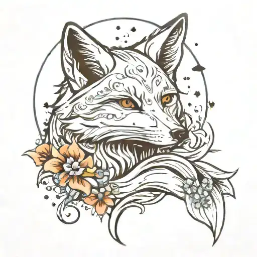 White Fox With Moon Stars And Oceans Waves