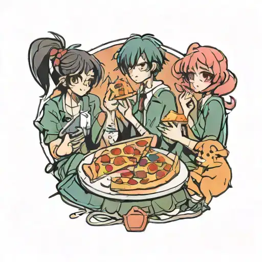 A Vintage-inspired Tattoo Of A Depressed Anime Character Enjoying A Slice Of Pizza With Friends