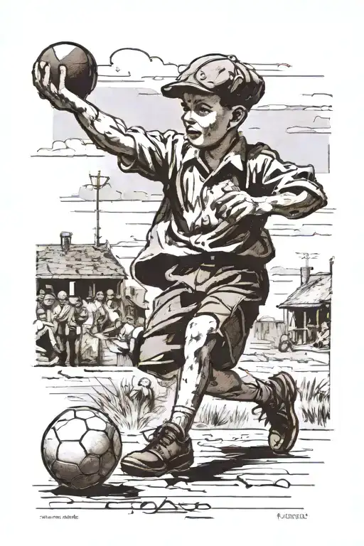 1940 Boy Playing Football With Short Sleeve And Shorts Wearing A Newsboy Cap