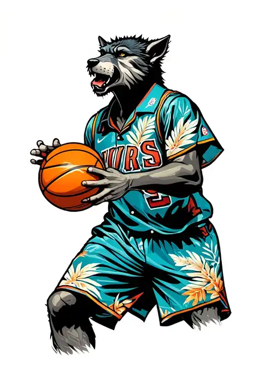 Werewolf In Hawaiian Shirt Slam Dunking Basketball