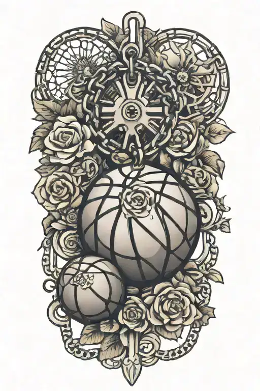 Chain With Basketball And Flowers Keychain And A Key