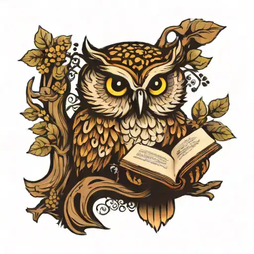 A Wise Owl Reading A Book Under A Tree With Intricate Patterns On Its Feathers