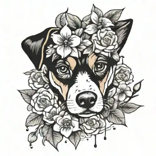 Black And Whote Dog With Flowers