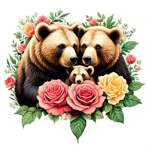 Mother Bear And Two Cubs Roses And Carnations