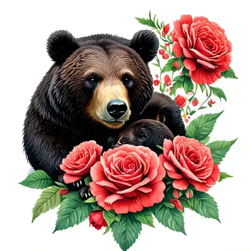 Mother Bear And Cubs Roses And Carnations