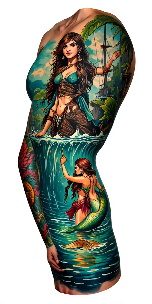 Full Sleeve With Pirates And A Lagoon Looking Down Perspective With Mermaids In The Water Peter Pan