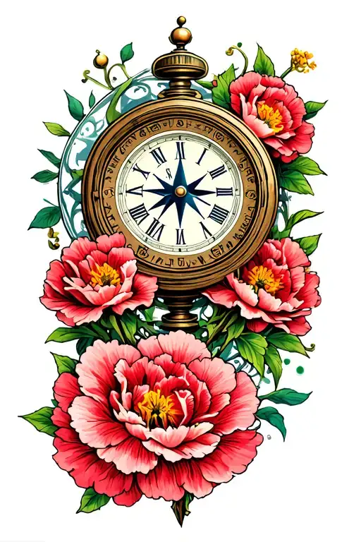 Nautical Clock And Compass With Carnations Around Them
