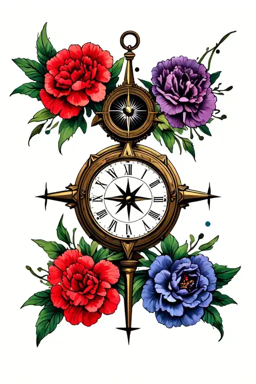 Nautical Clock And Compass Below It Diangle With Carnations Around Them