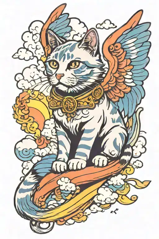 Cat With Wings Walking On The Rainbow Bridge Towards The Clouds