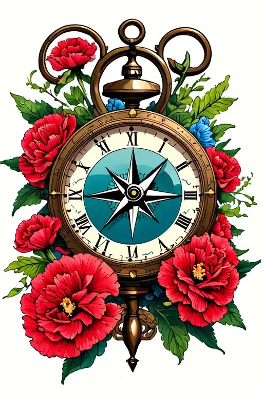 Nautical Clock And Compass Below It With Carnations Surrounding Them