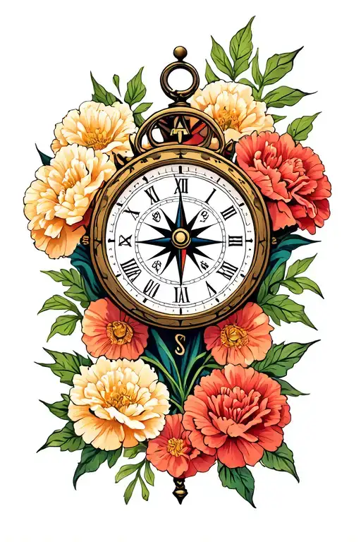 Nautical Clock And Compass Below It Diagonal With Carnations Around Them
