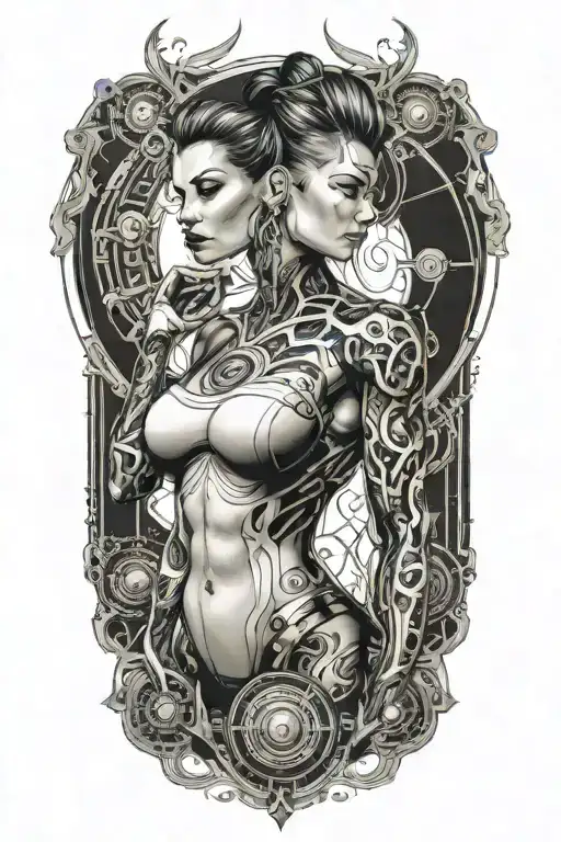 Fitness Muscled Women With Technology Circuits Merging