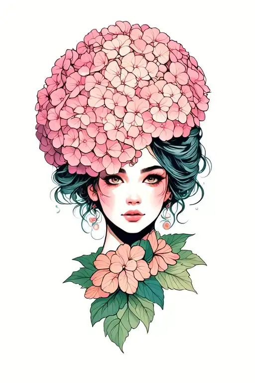 That Has Hydrangea Flower Light Pink Color And Woman Face