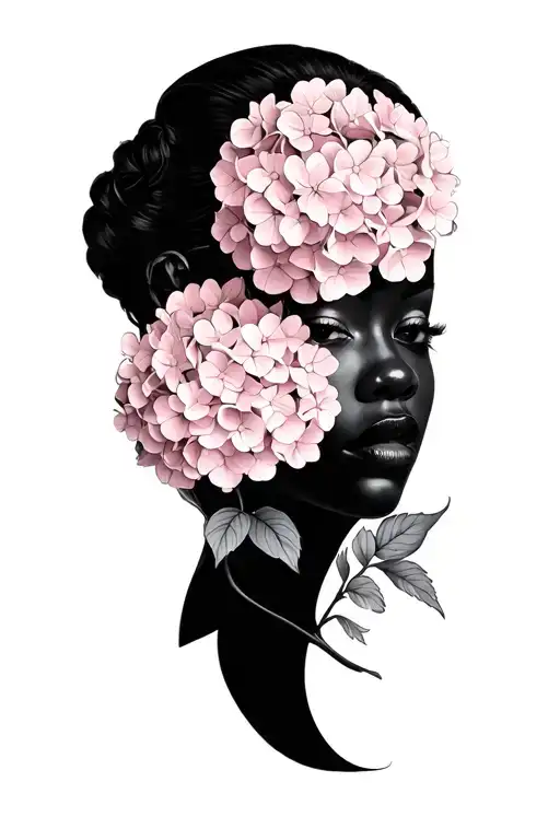 That Has Hydrangea Flower Light Pink Color Subtle Design And Woman Face With Black And Gray Shaded