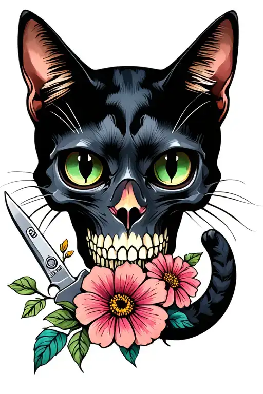 Cat Skull With Pocket Knife And Flowers