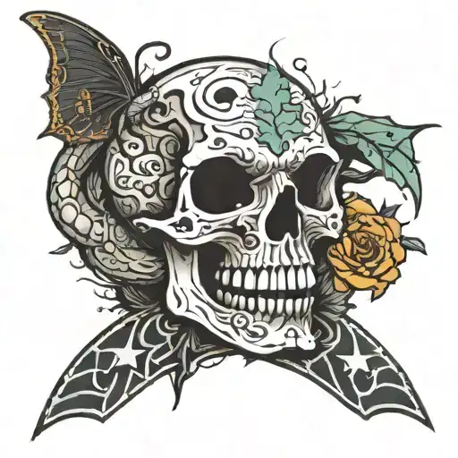 Witchy Snake Wrapping Around A Skull Surrounded By Flying Bats