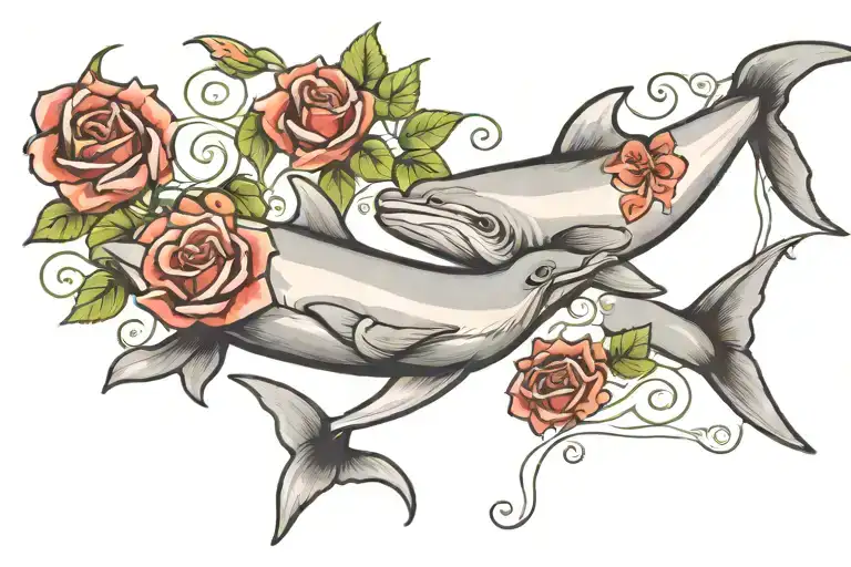 Two Dolpins Jumping Over A Rose Tramp Stamp