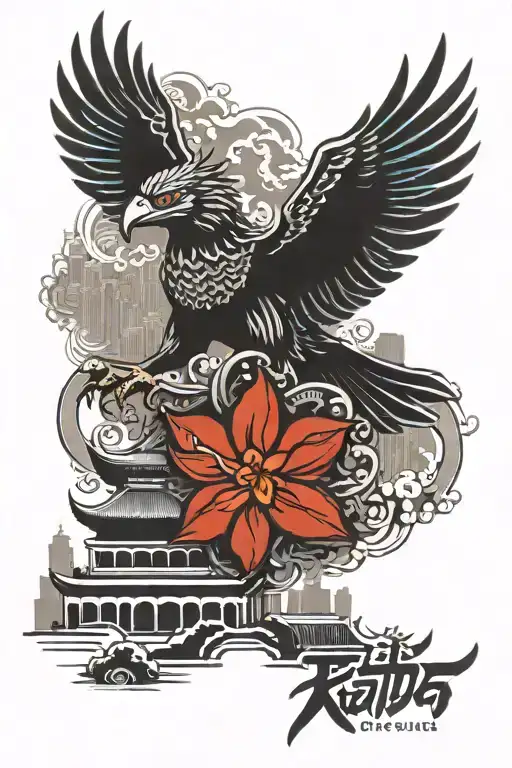 Hong Kong Skyline With Garuda Eagle And Devnagri Words