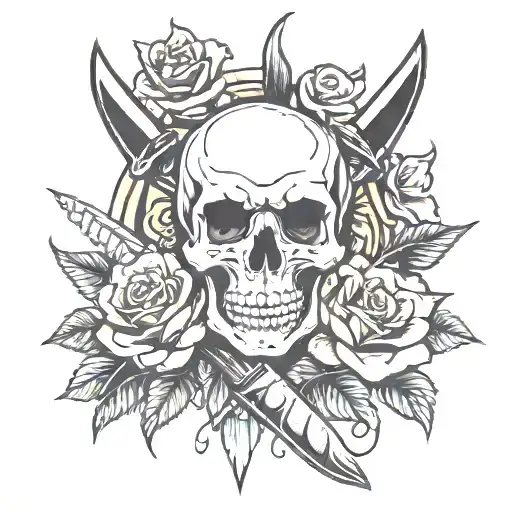 Skull And Dagger With Roses