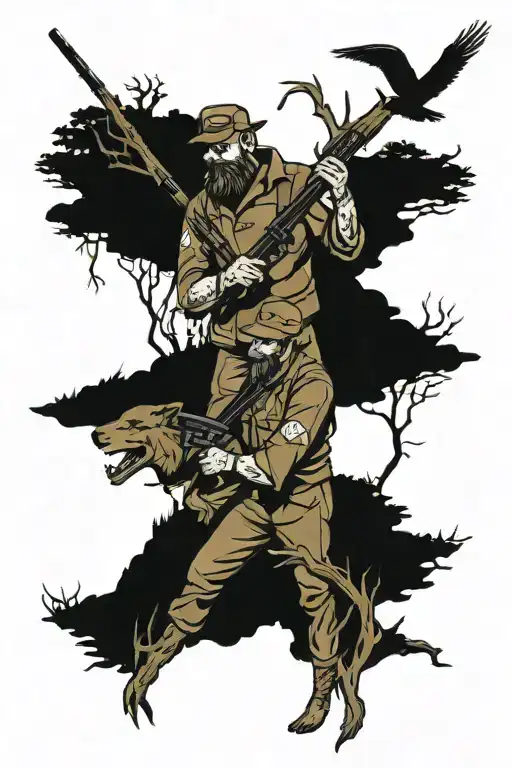 Father And Son Hunting Intertwined With Woods