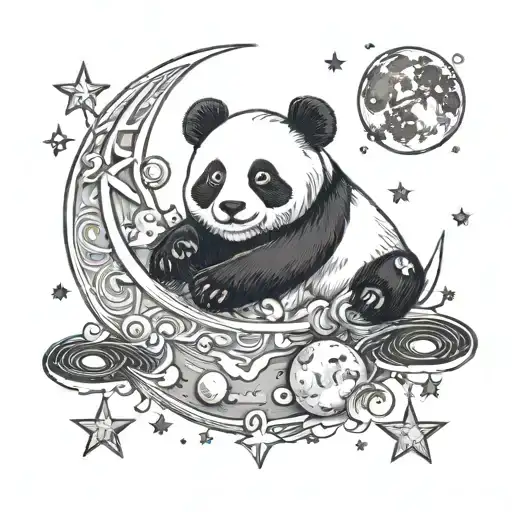 Cute Panda Laying On Moon Surrounded By Stars And Planets