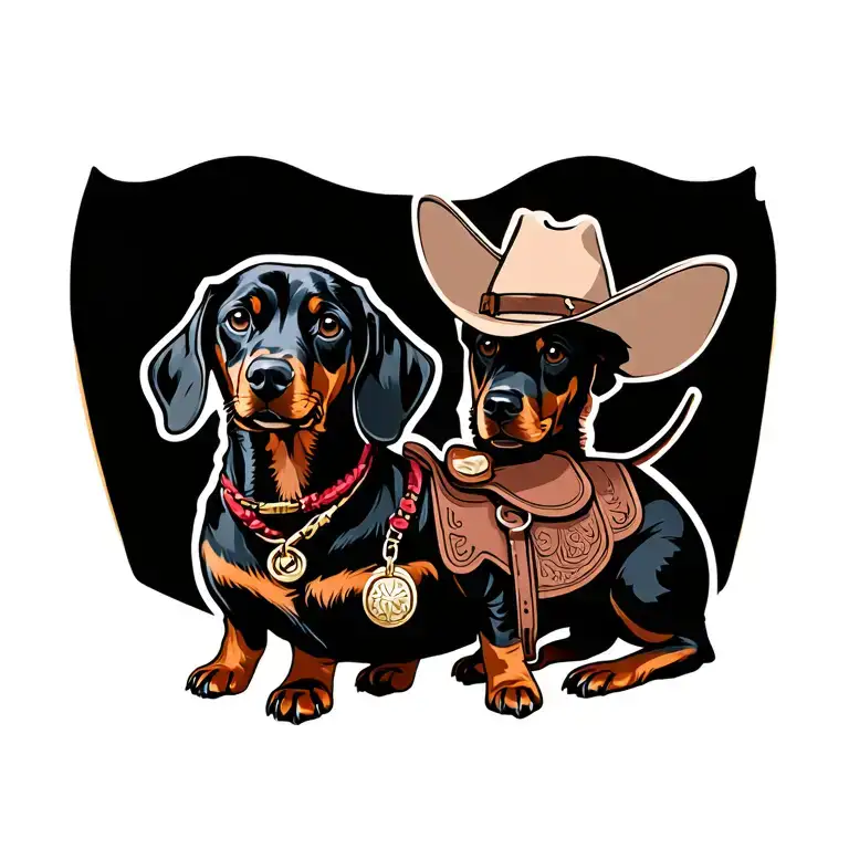 Black Weiner Dog With Cowboy Hat And Saddle Adorned