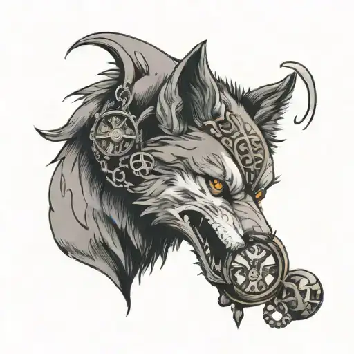 Wolf With Pocket Watch In Its Mouth Overshadowed By Death Depicted