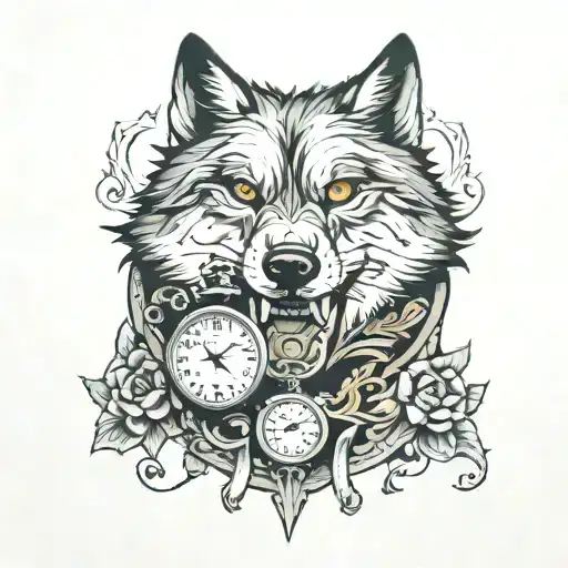 Wolf With Pocket Watch In Mouth Overshadowed By Death Depicted In A