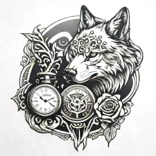 Wolf With Pocket Watch In Its Mouth Overshadowed By Death Depicted In A Glass Vessel