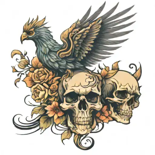 Phoenix Flying Out Of A Skull With Flowers Intertwined