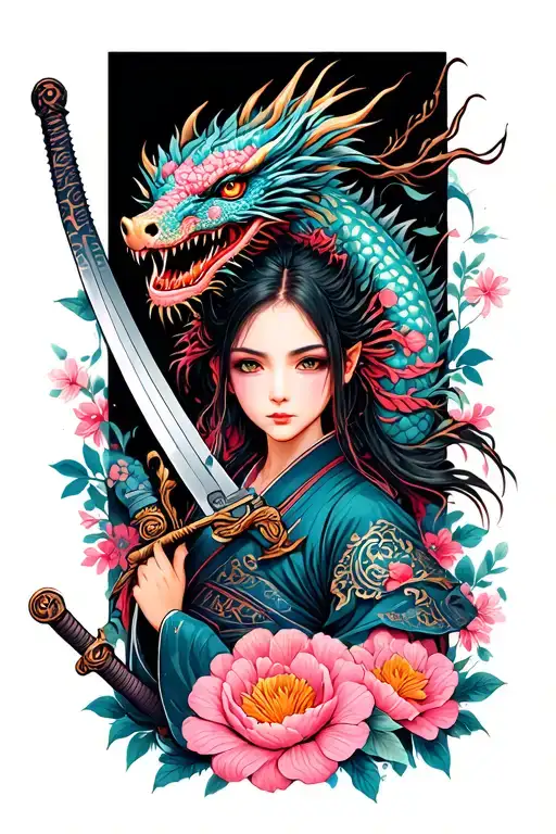 Girl Samurai With Katana And Dragon In Pink Blue Flowers