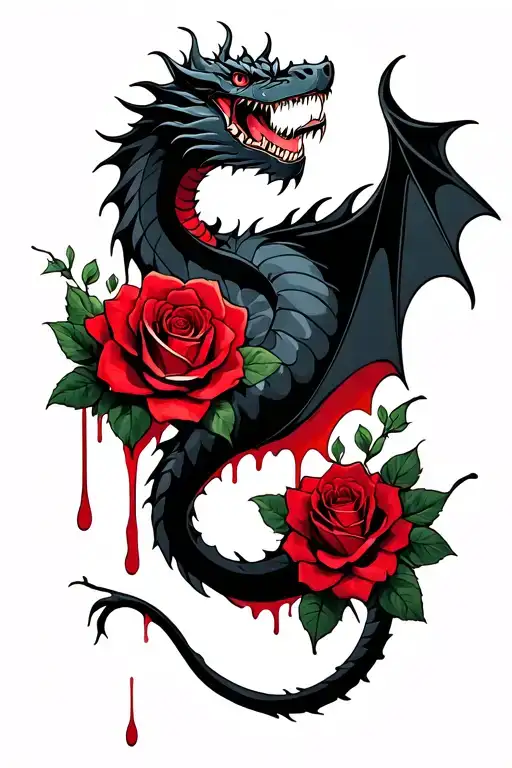 Black Dragon And Roses Blood Dripping