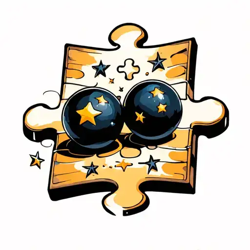 Two Black Balls With Stars On Top Of A Piece Of Puzzle