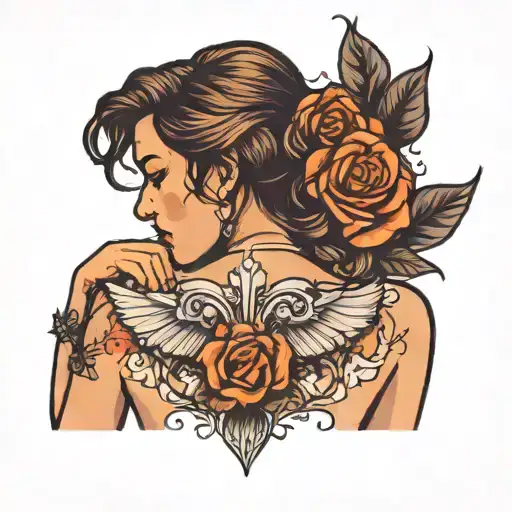 Woman Small Back Tattoo With Rose And Sunset Sky