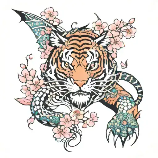 Dragon With Cherry Blossoms And A Tiger Walking